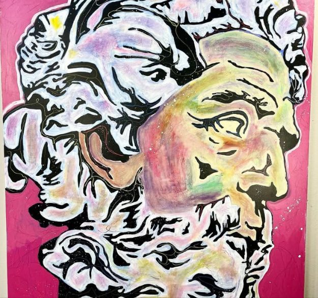 A classical bust painted in black lines and soft pastels on a hot pink canvas