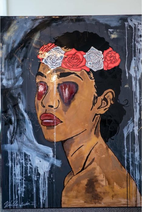 Sightless Bride, a woman in a crown of red and white roses with red, bleeding eyes, on black and gray